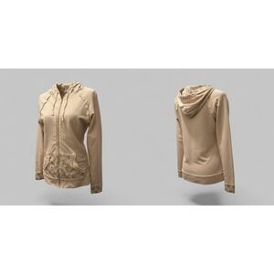 Picasso Style Inc Tan Cotton Floral Lace Trim Zip Up Hoodie Jacket Women Large